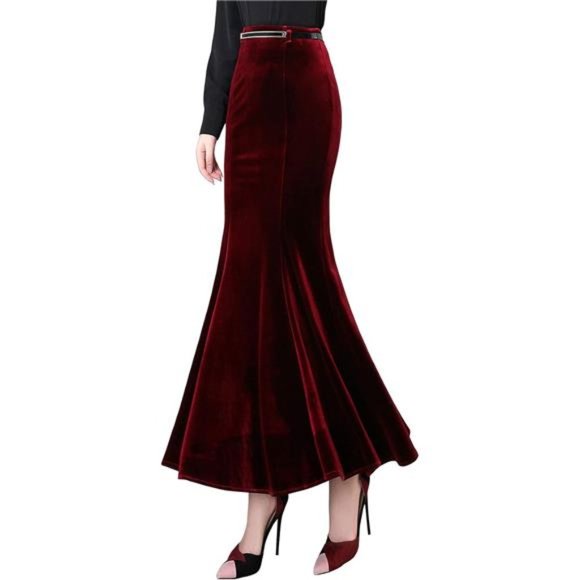 Women's High Waist Bodycon Velvet Fishtail Mermaid Maxi Skirt, Wine